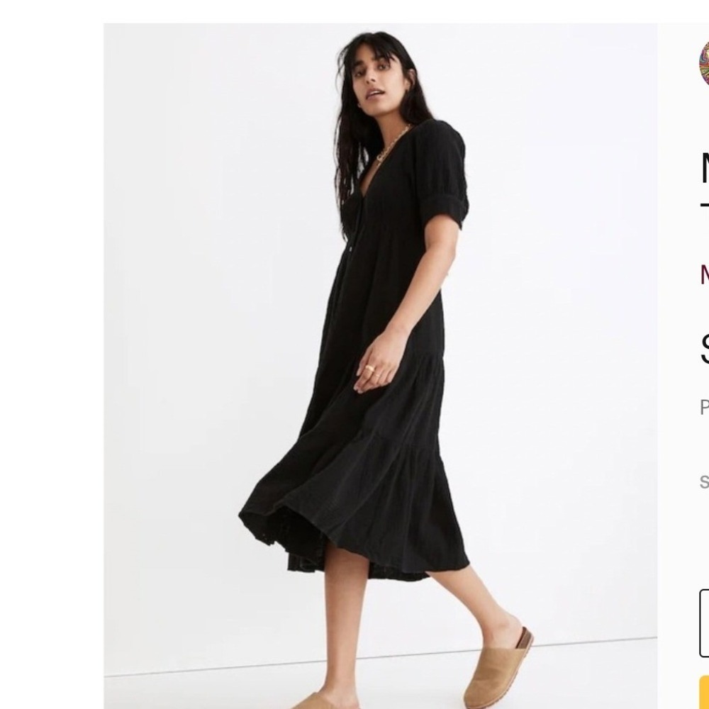 Madewell Lightspun Button-Front Tiered Midi Dress Black Cotton MD224 XXS